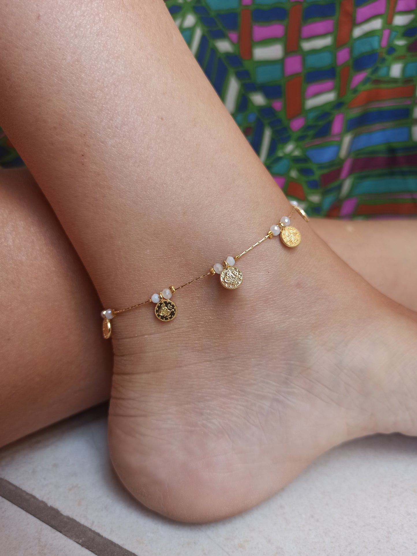 Anklet with white beads + golden coins