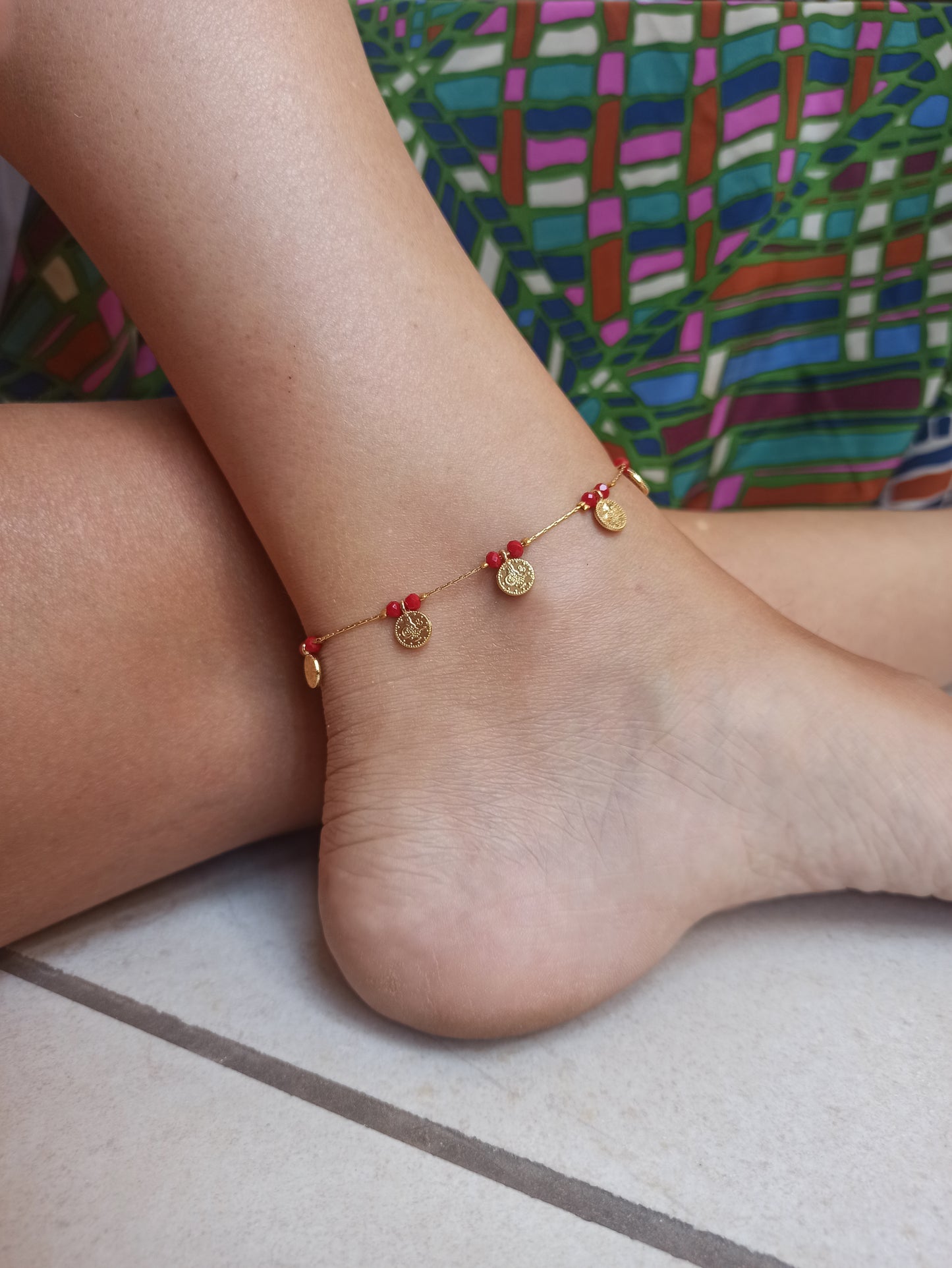 Anklet with red beads + golden coins