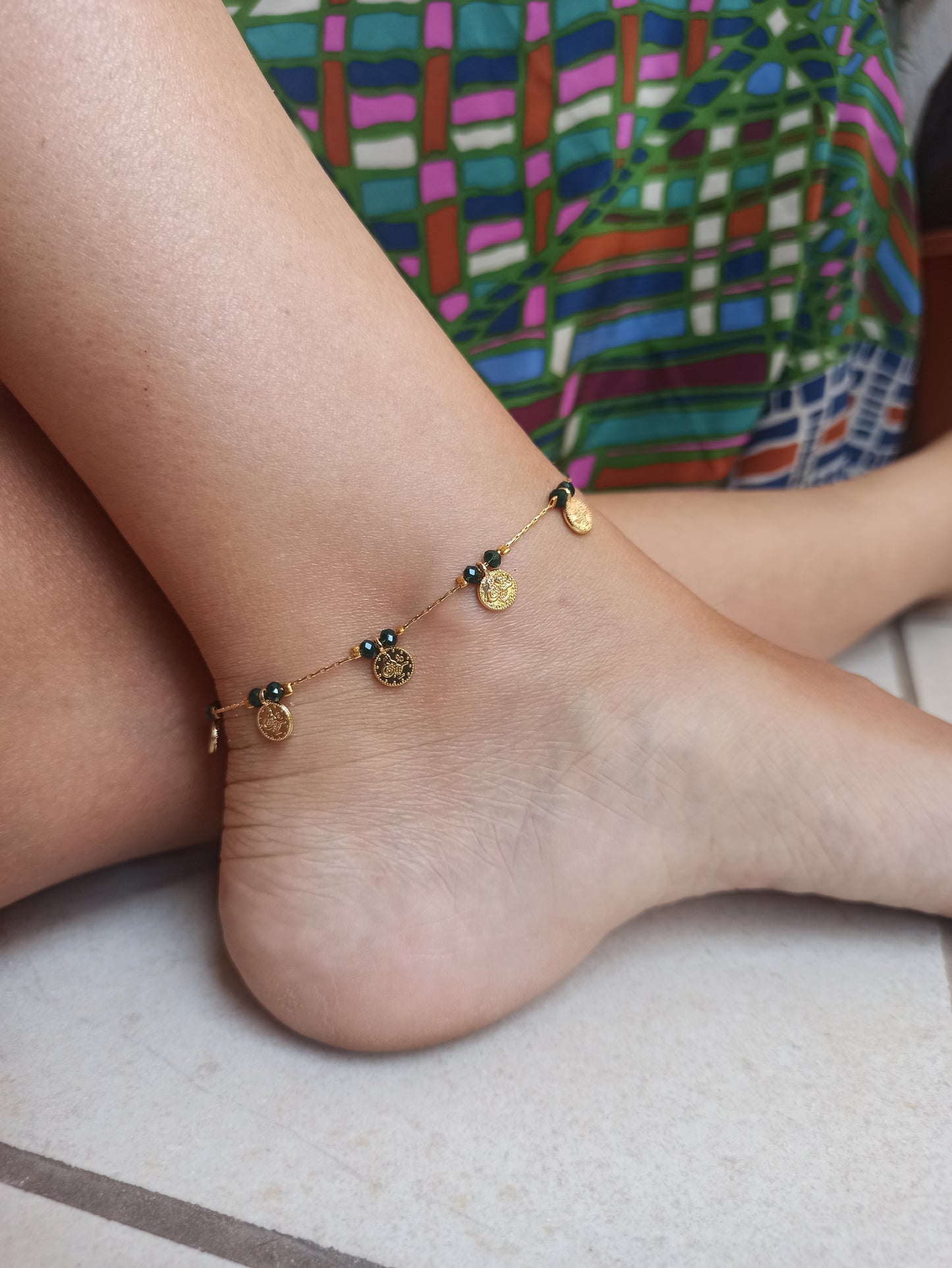 Anklet with dark green beads + golden coins