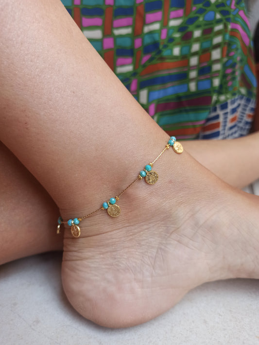 Turquoise beaded anklet + golden coins