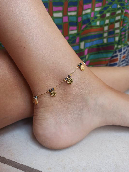 Anthracite beaded anklet + golden coins