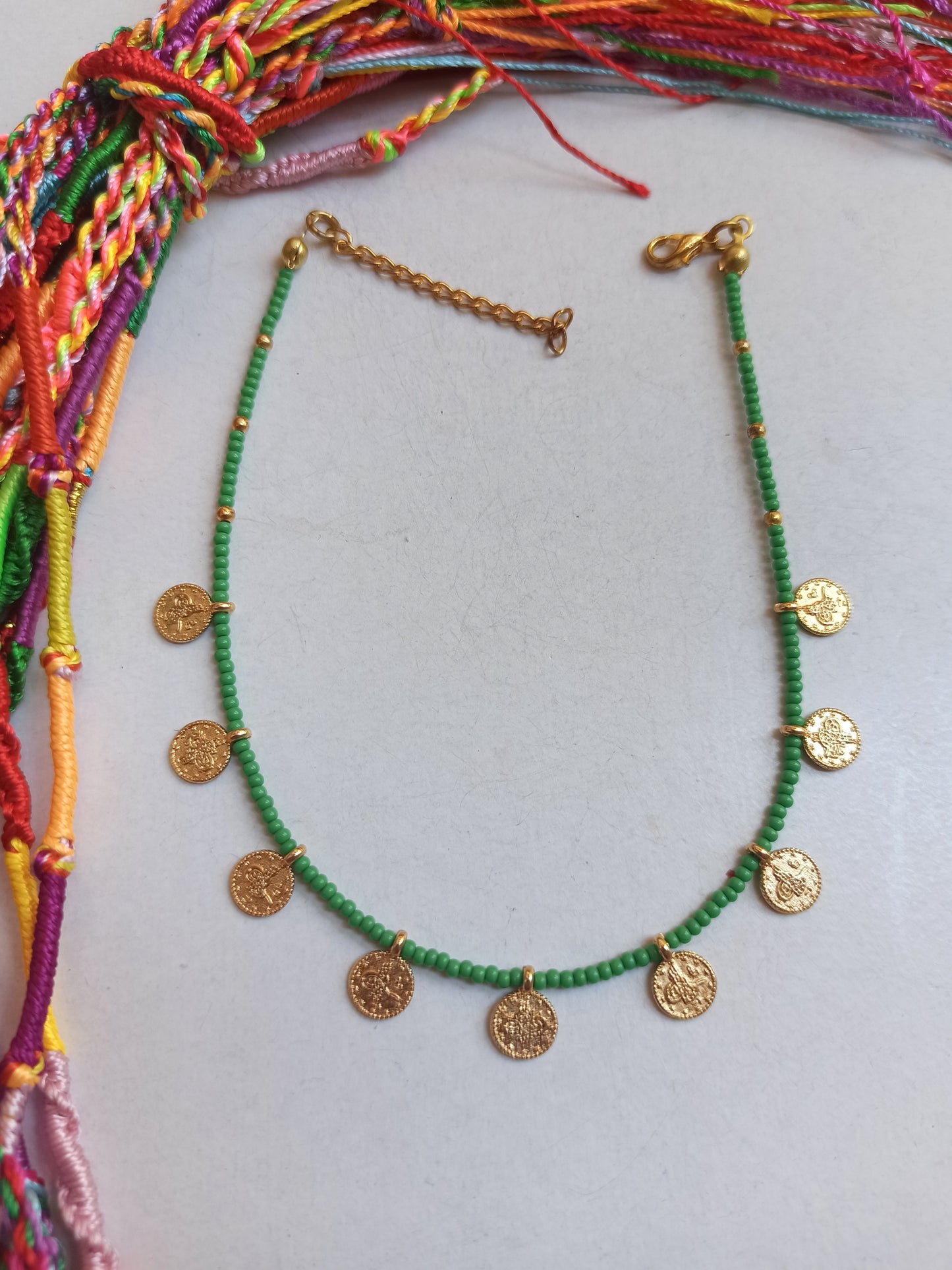 Anklet with green beads + golden coins