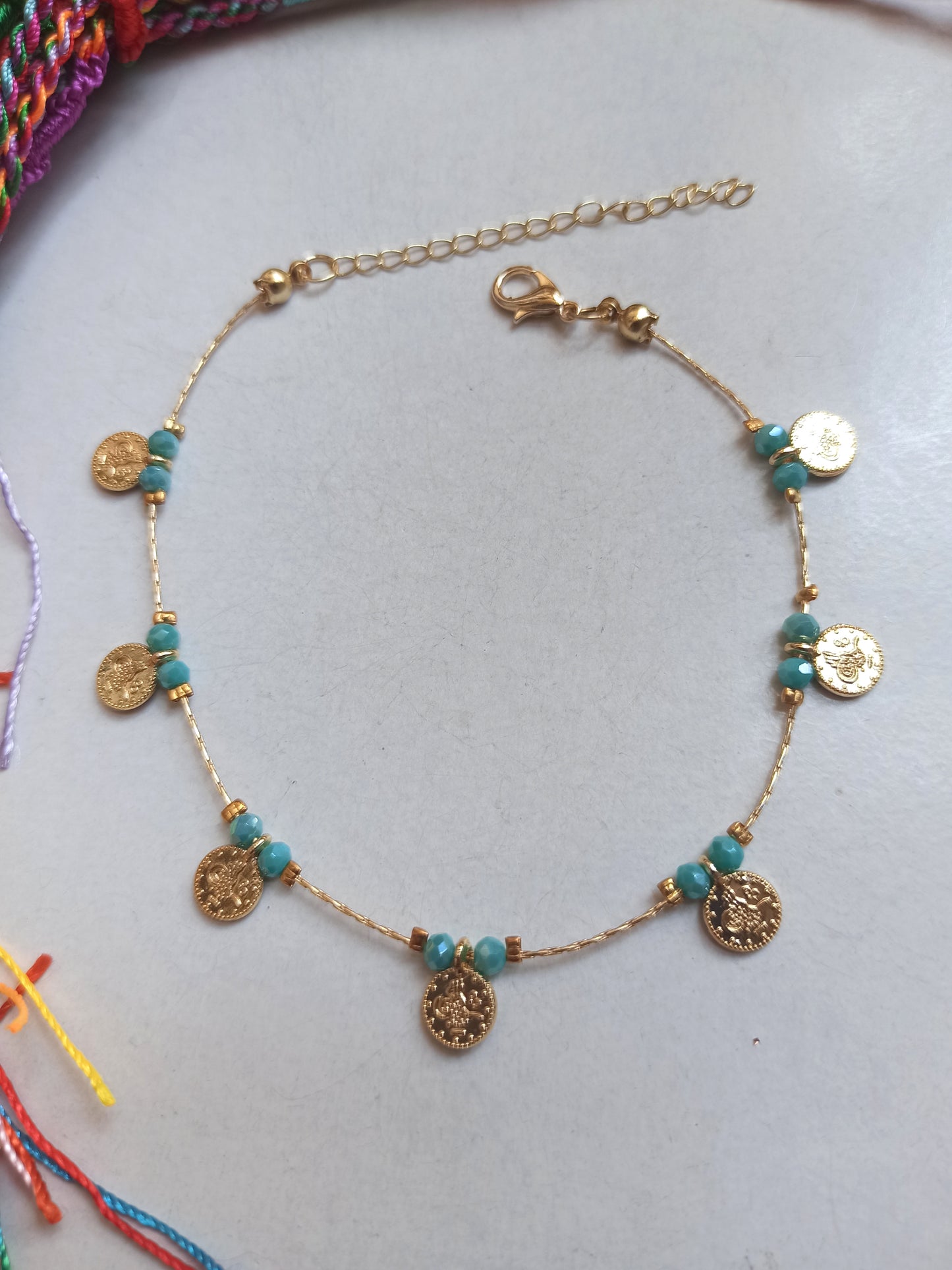 Turquoise beaded anklet + golden coins