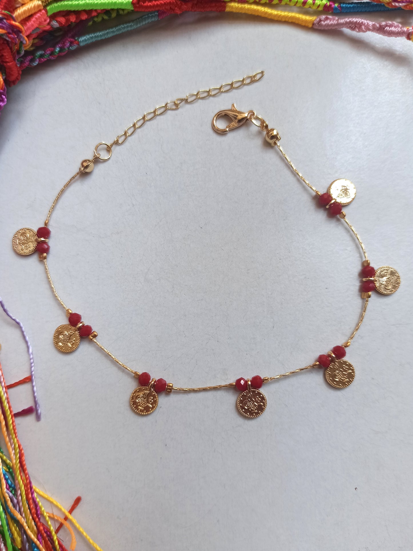 Anklet with red beads + golden coins