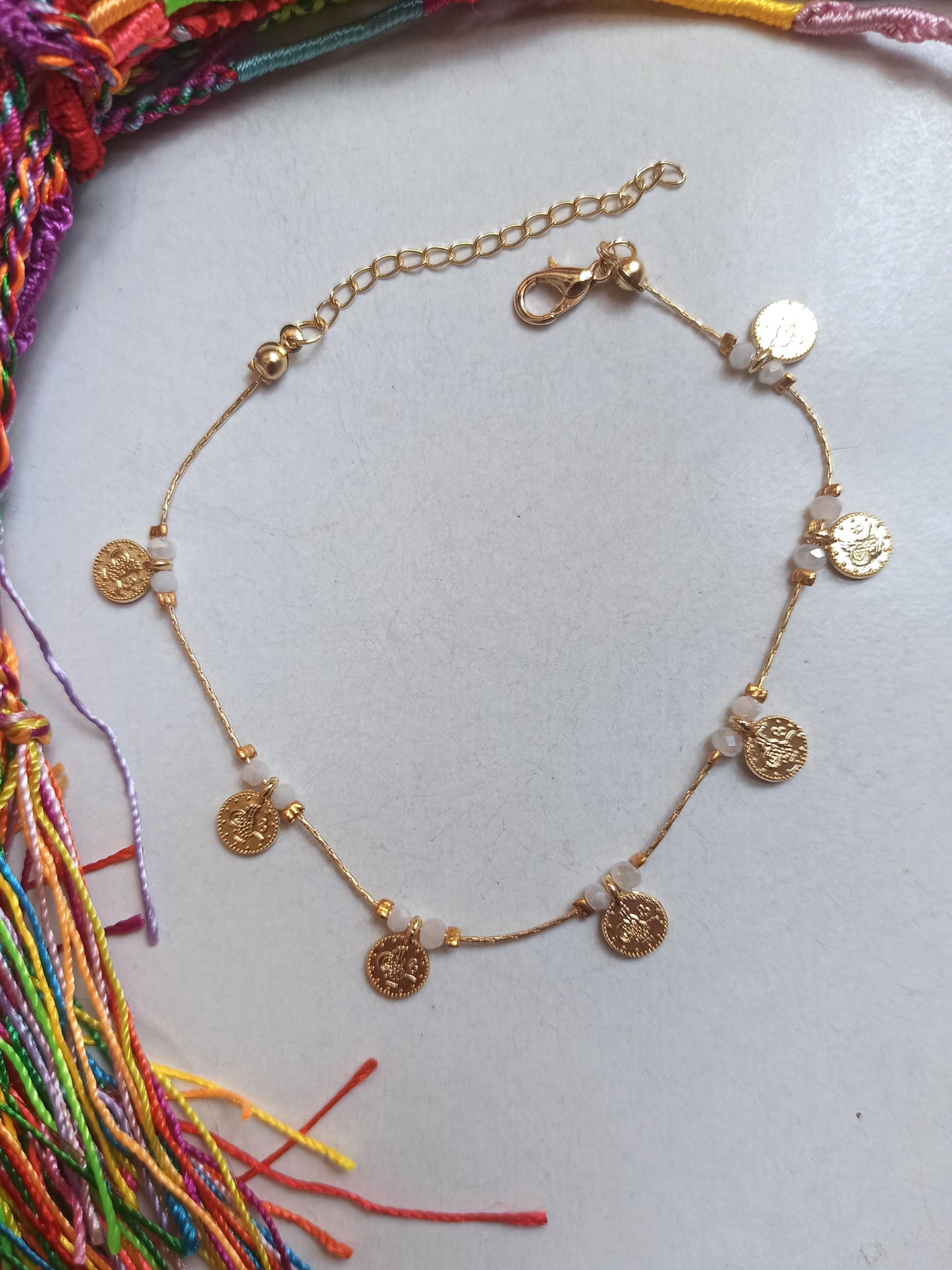 Anklet with white beads + golden coins