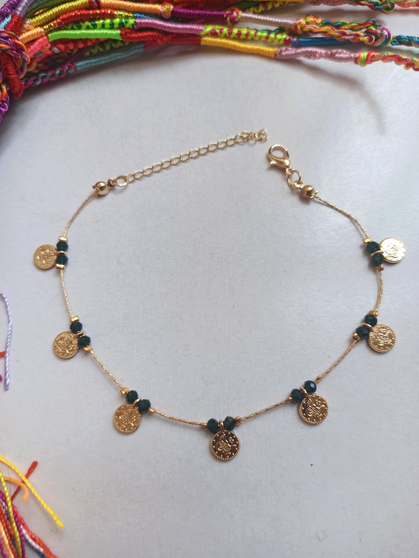 Anklet with dark green beads + golden coins