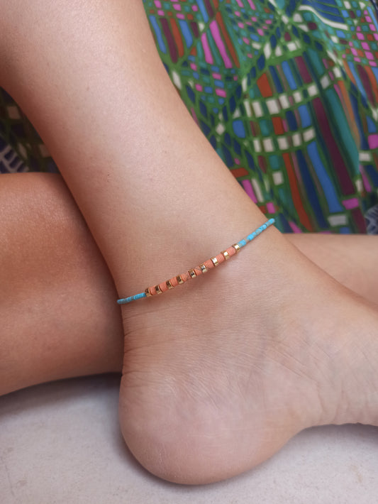 Orange and turquoise beaded anklet