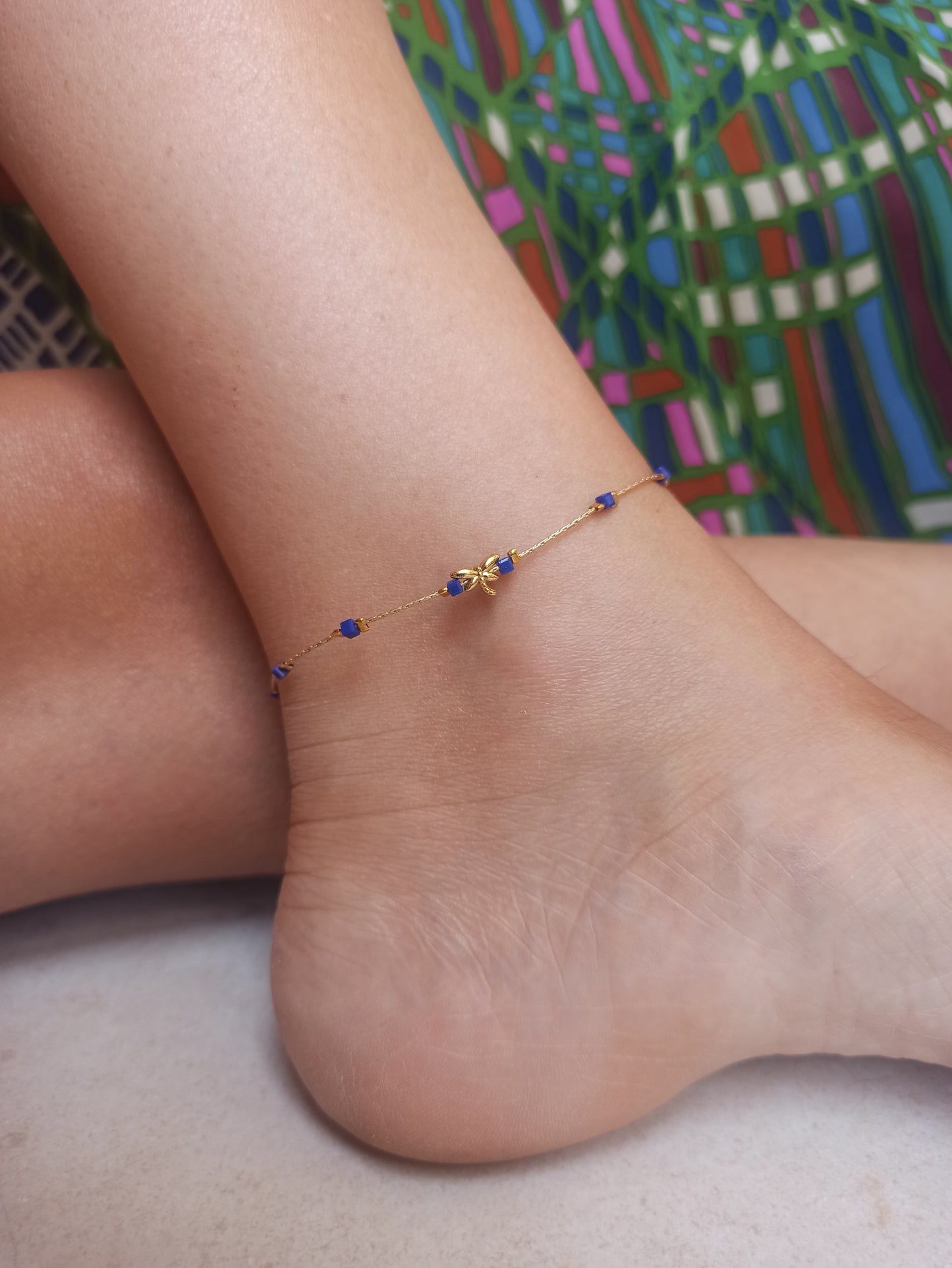 Golden dragonfly anklet with blue beads