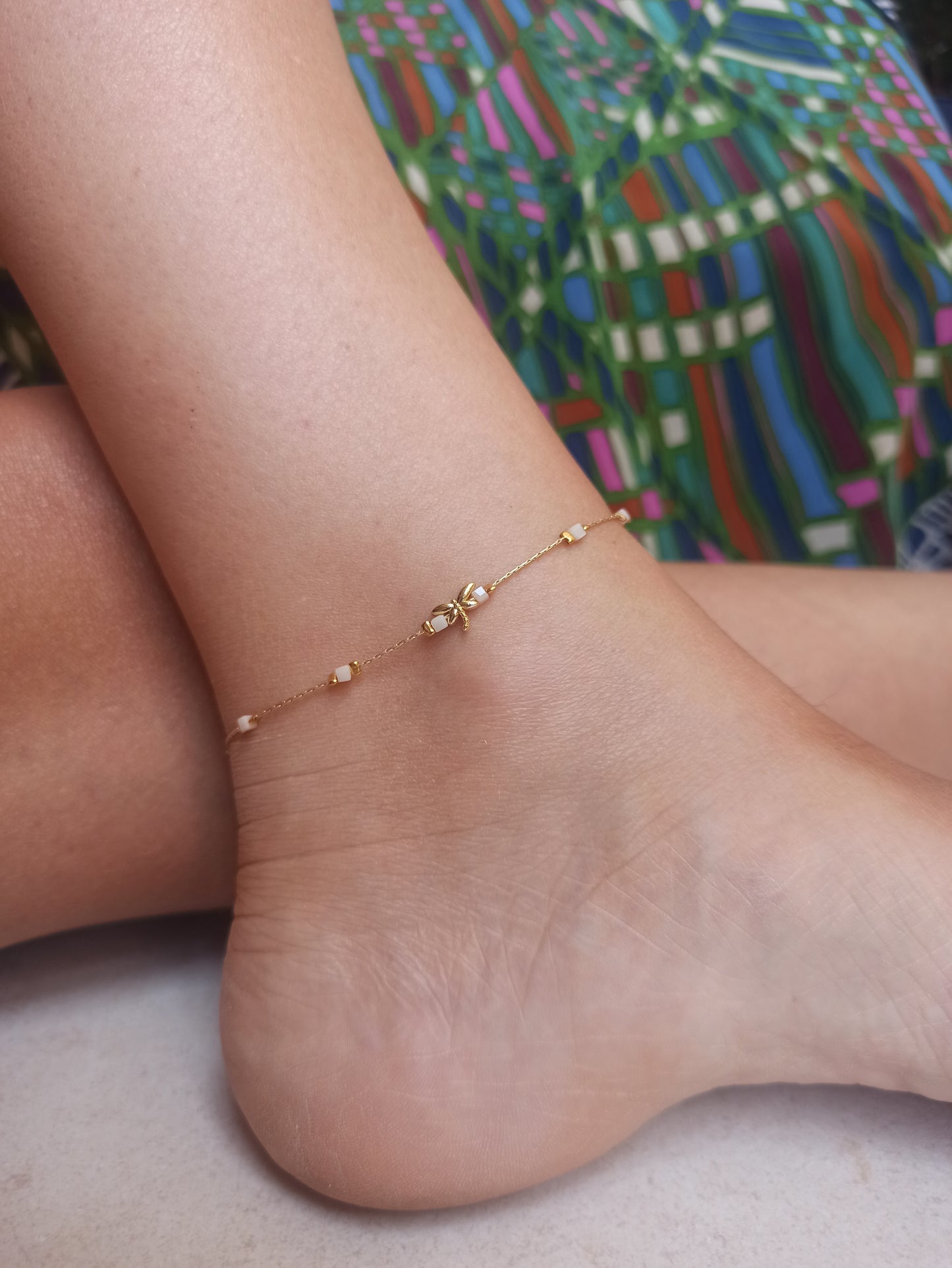 Golden dragonfly anklet with pale pink beads