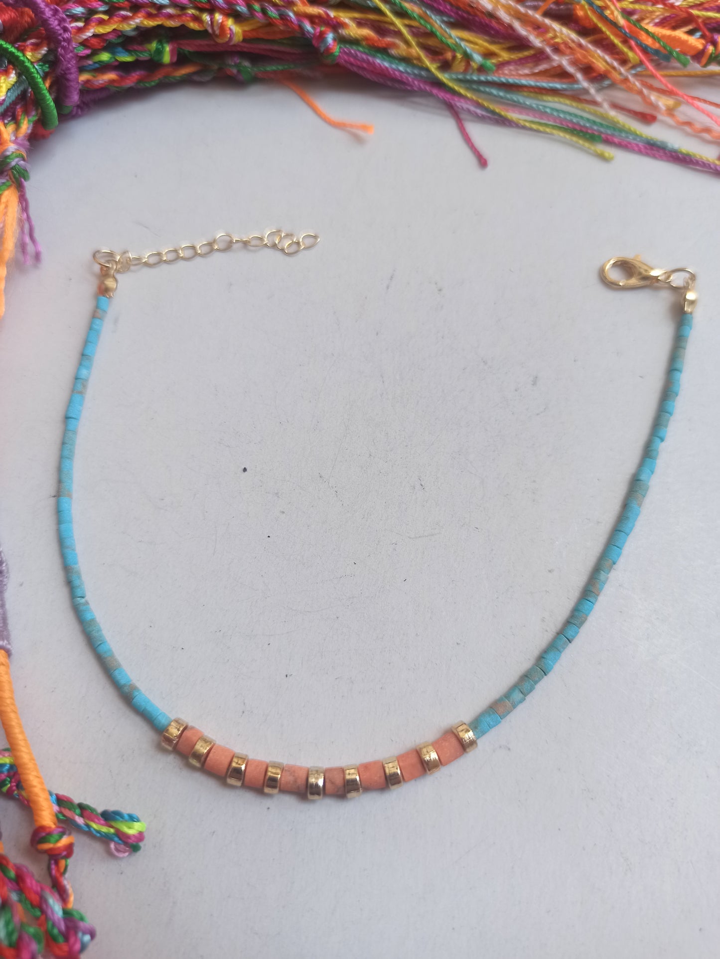 Orange and turquoise beaded anklet