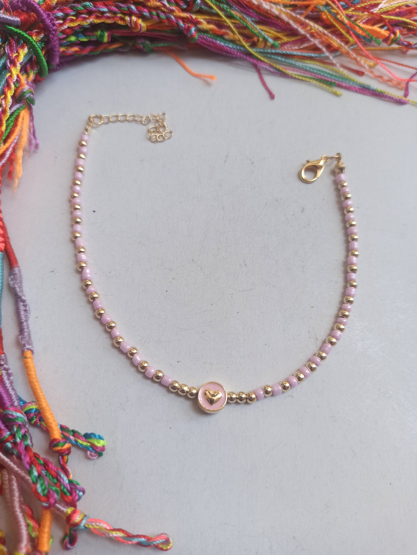 Golden heart anklet with pink beads