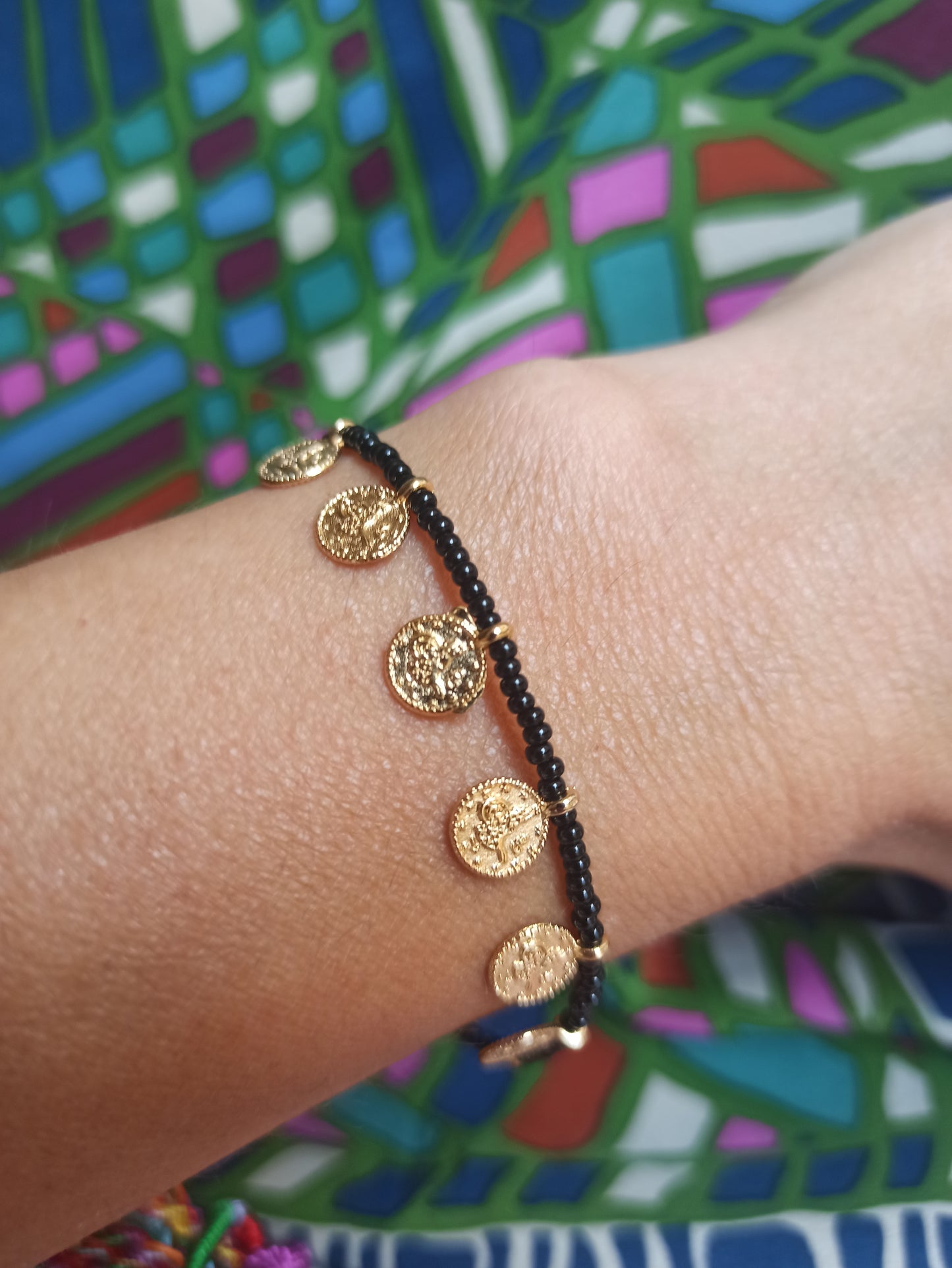 Thin black beaded coin bracelet