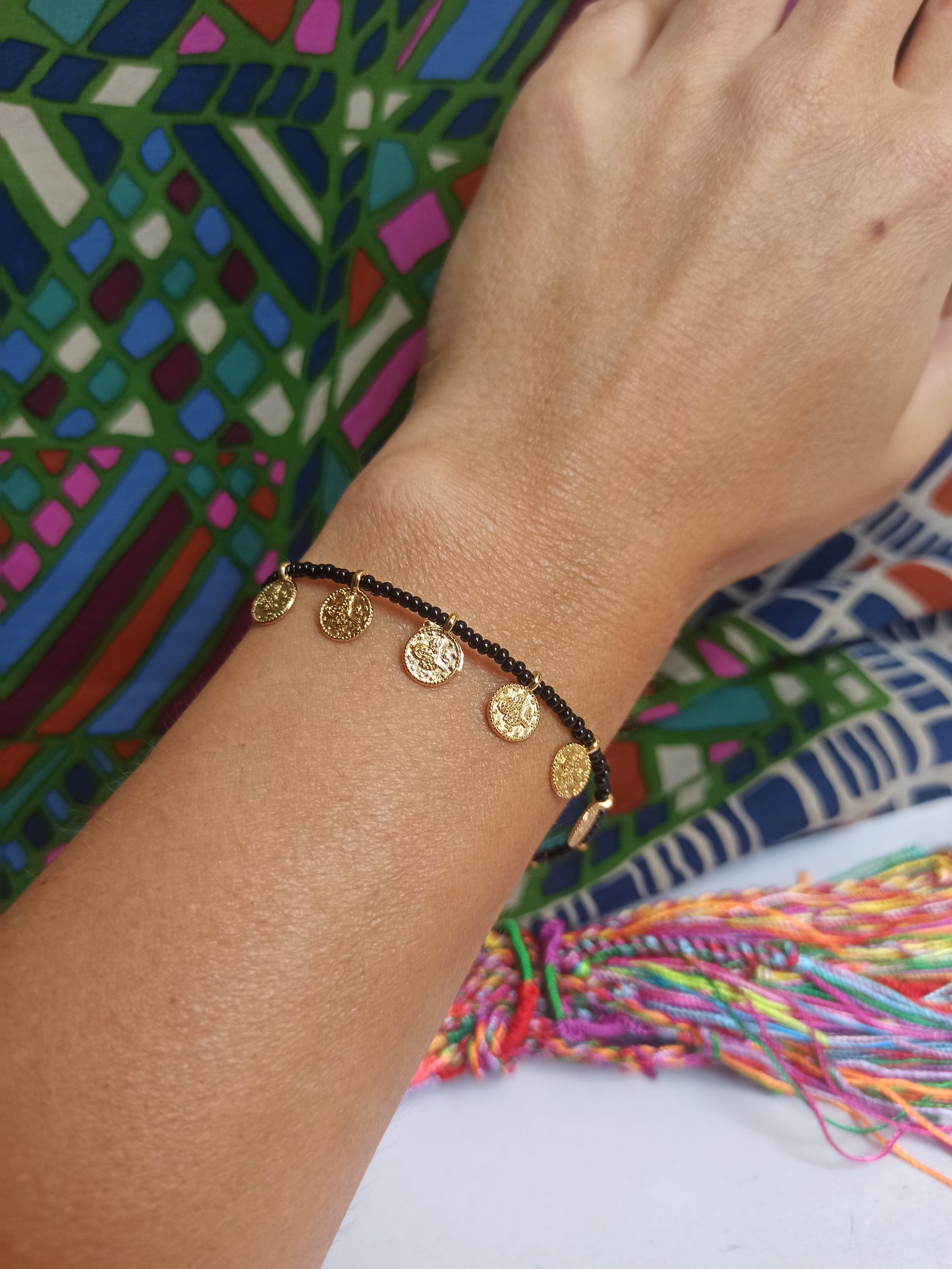 Thin black beaded coin bracelet