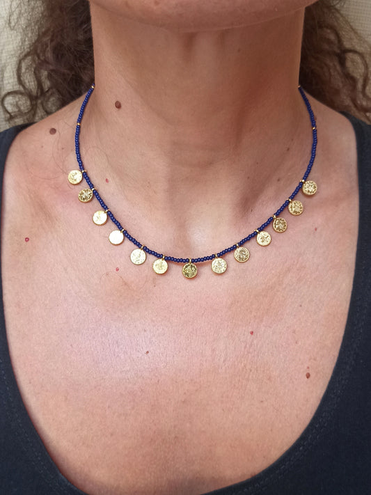 Thin blue coin beaded necklace