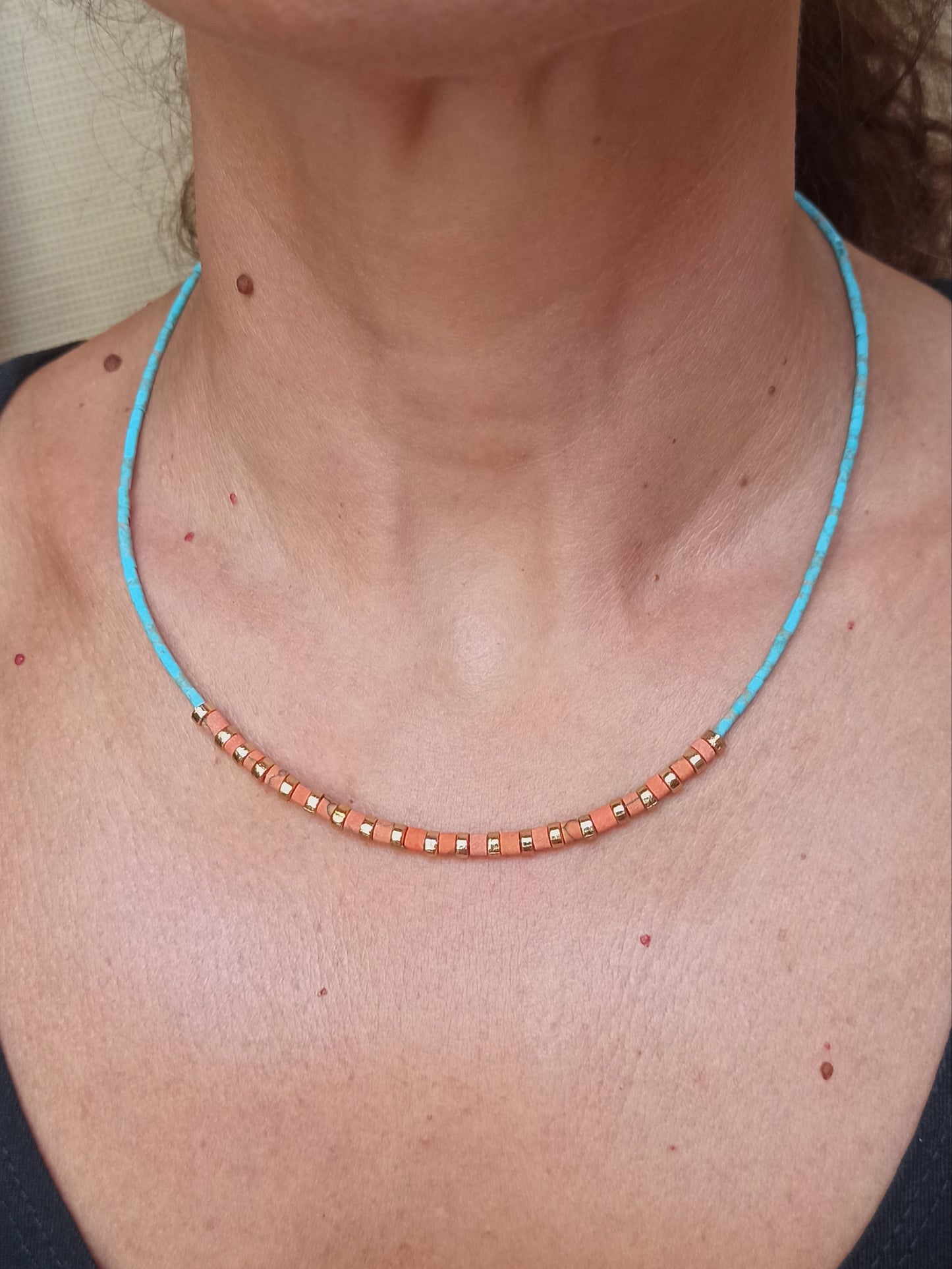 Turquoise and coral beaded necklace