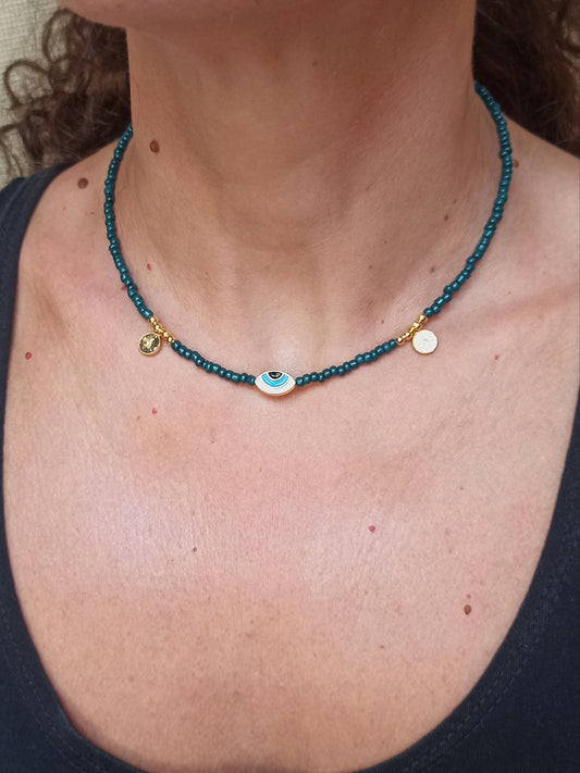 Thin petrol green eye necklace