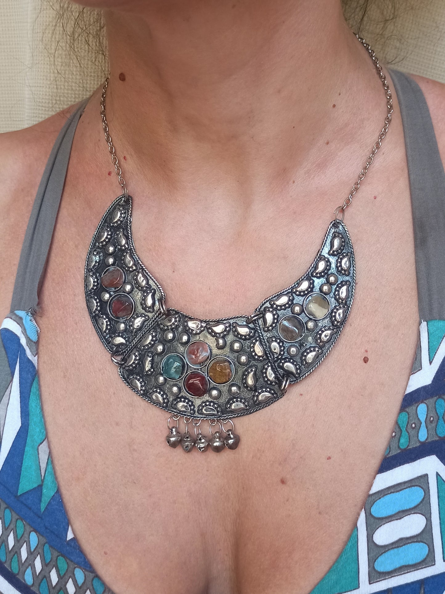 Silver bib necklace with stones