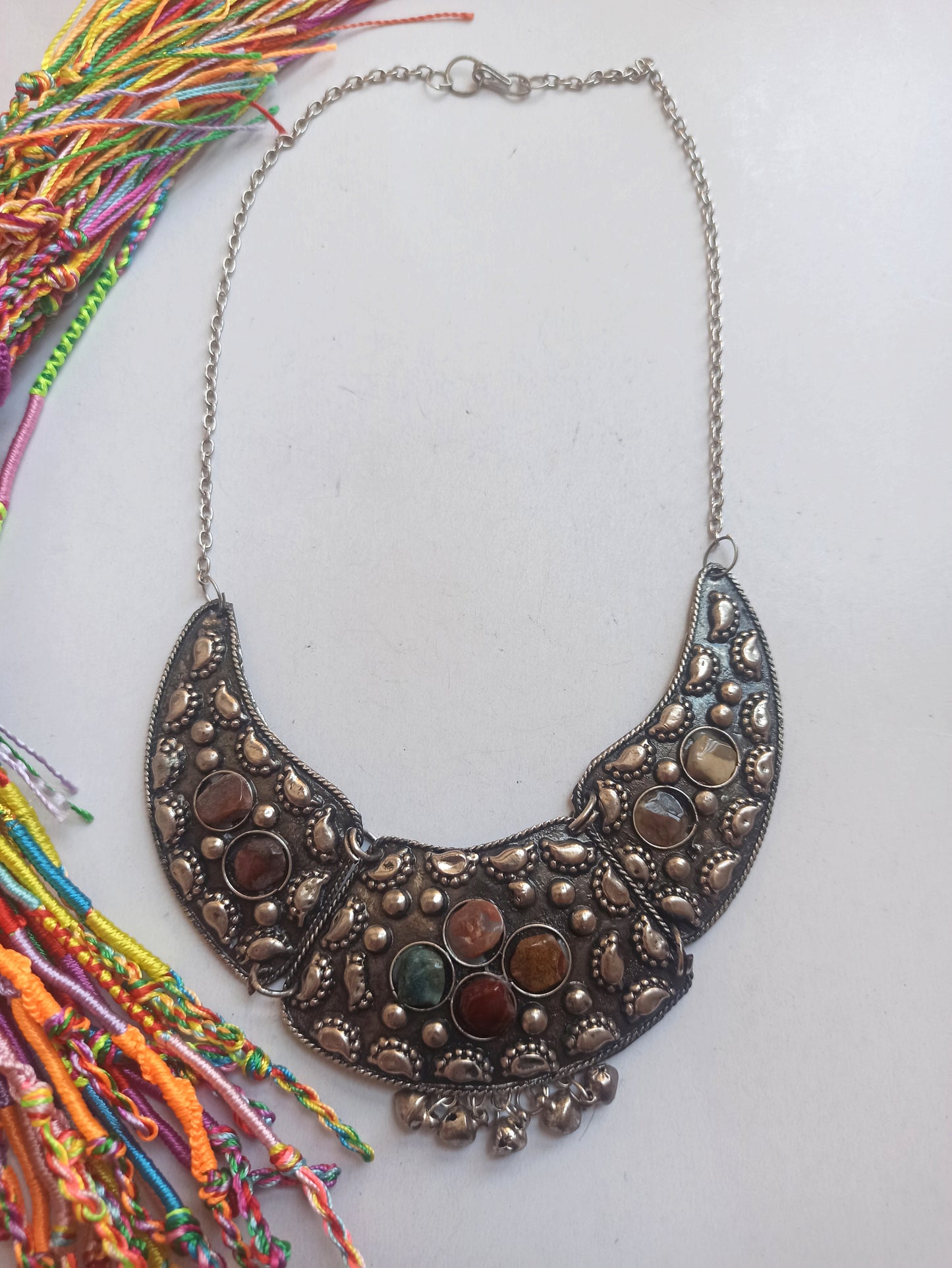 Silver bib necklace with stones