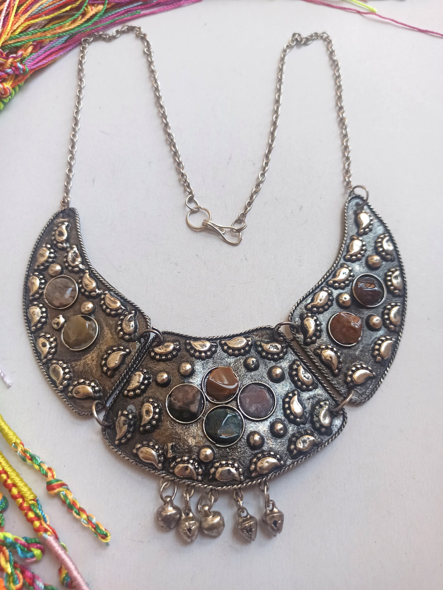 Silver bib necklace with stones