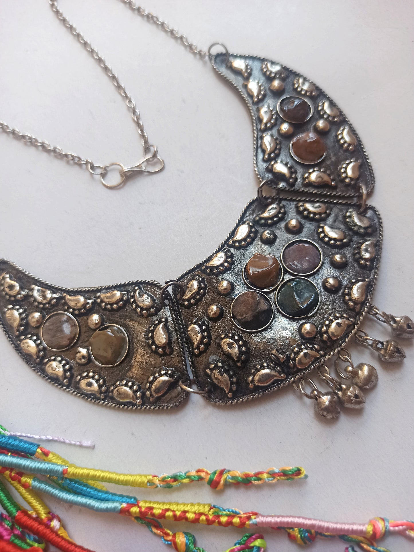 Silver bib necklace with stones