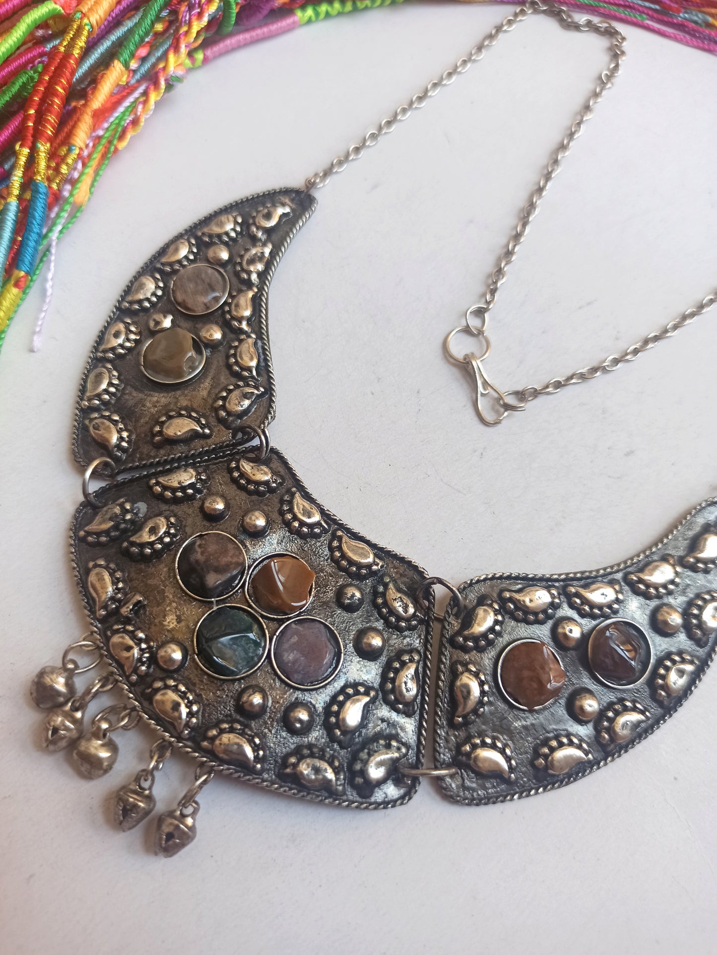 Silver bib necklace with stones