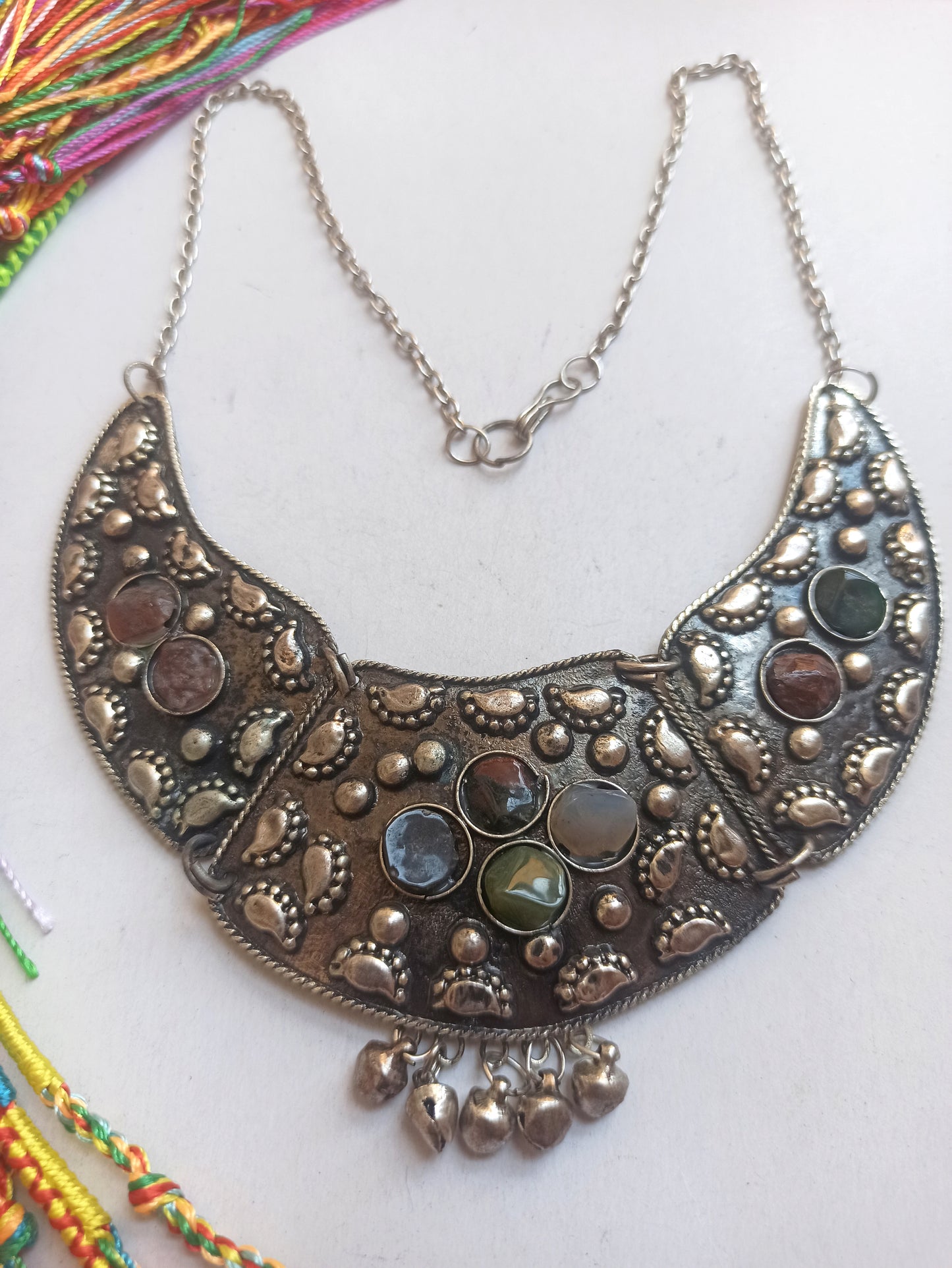 Silver bib necklace with stones