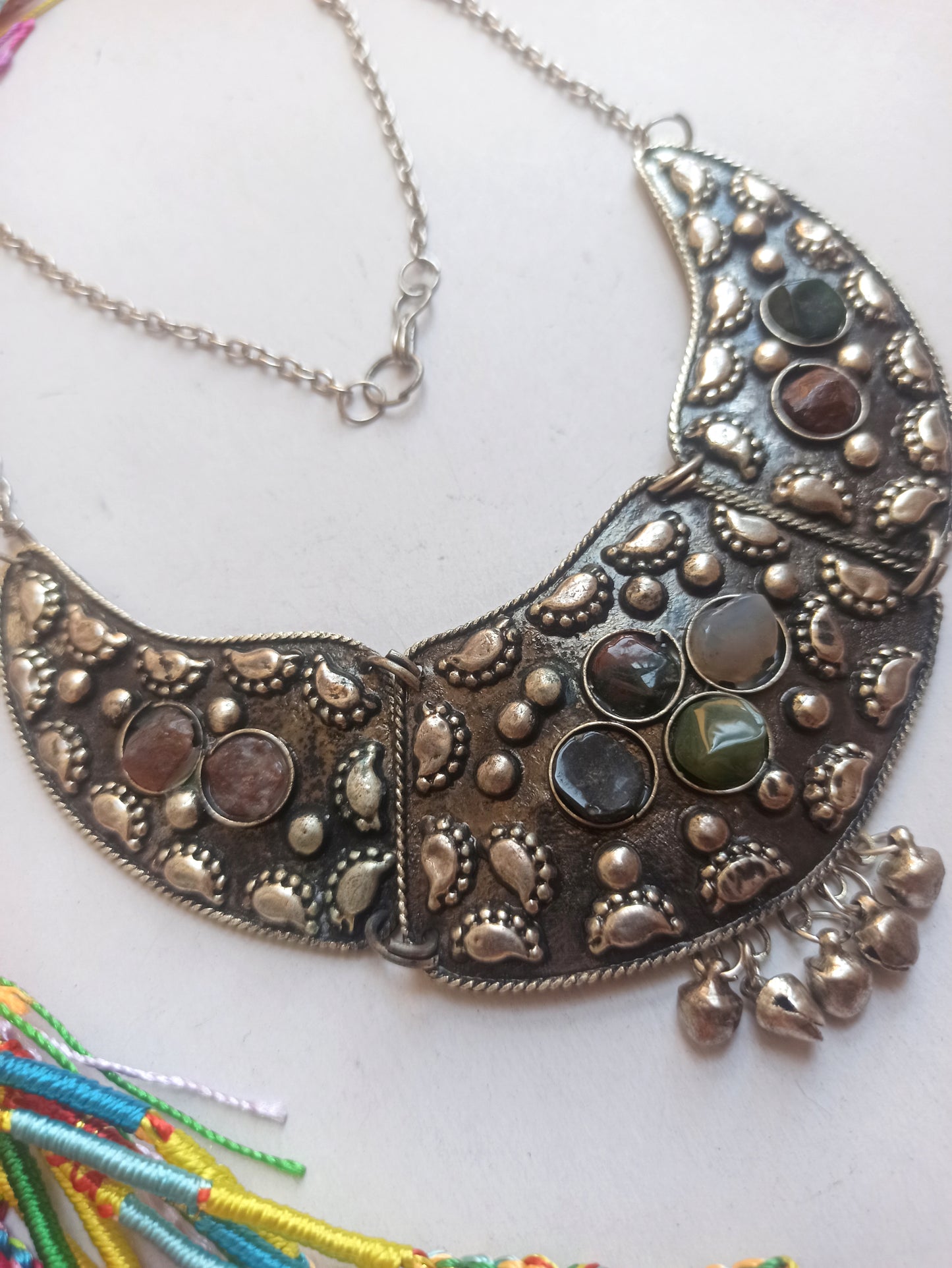 Silver bib necklace with stones