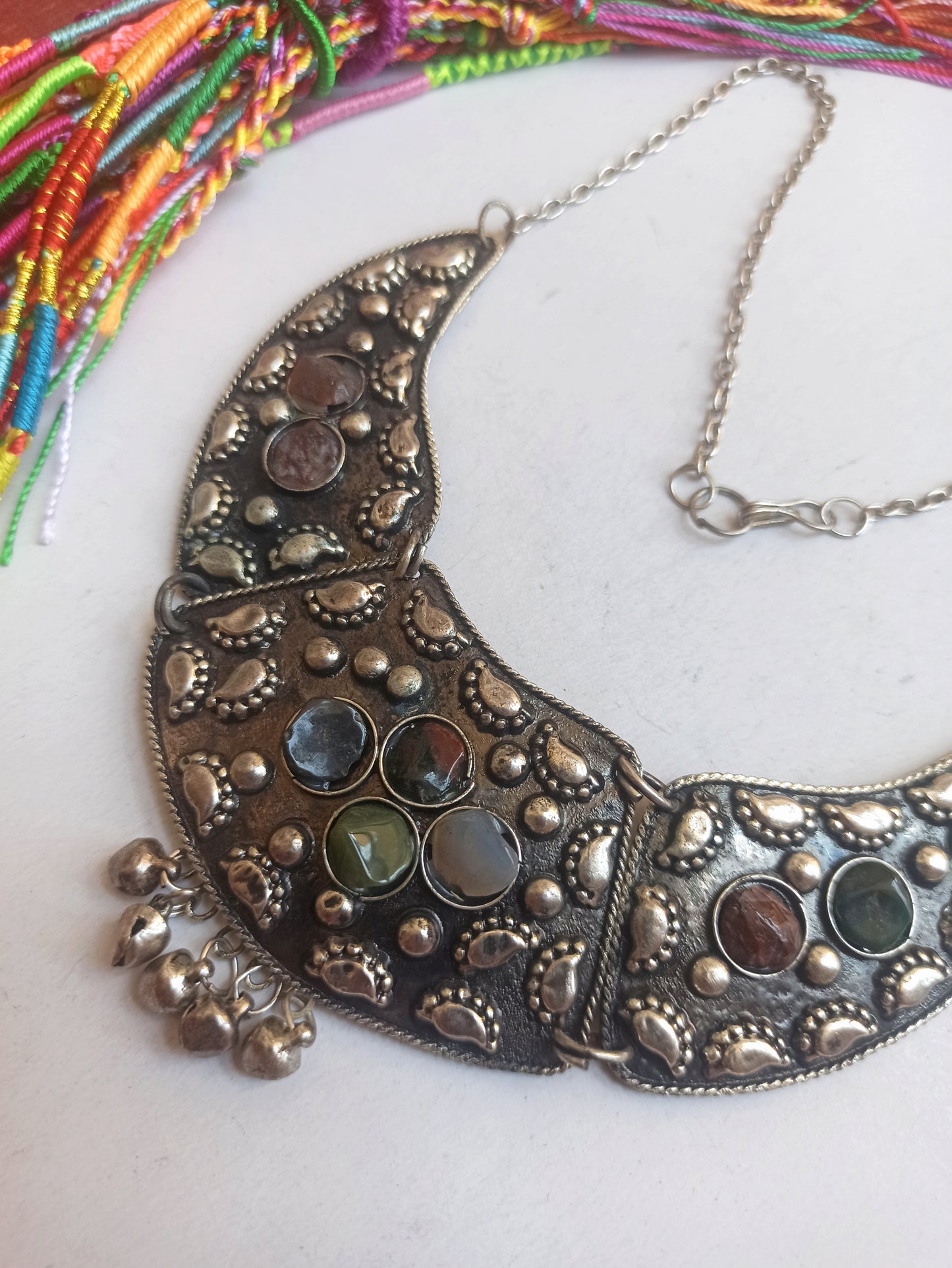 Silver bib necklace with stones