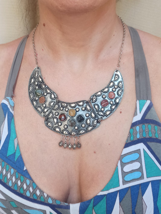 Silver bib necklace with stones