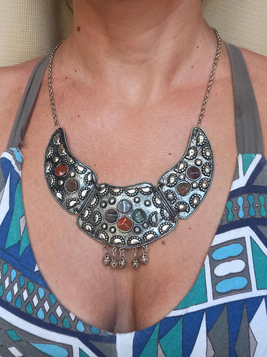 Silver bib necklace with stones