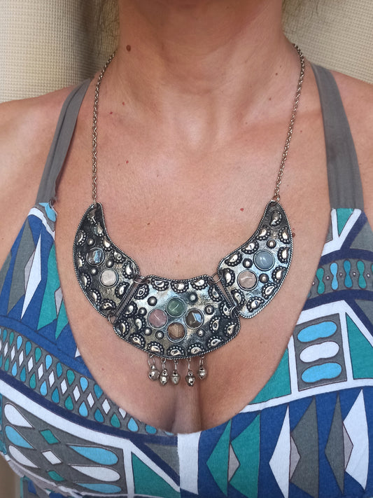 Silver bib necklace with stones