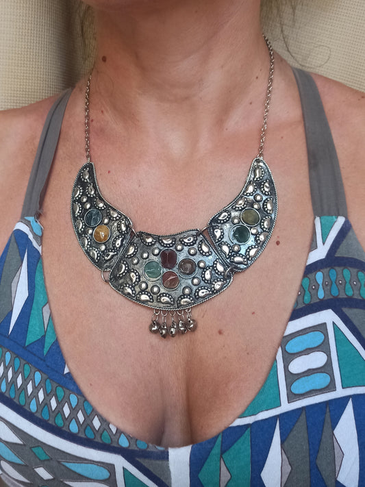 Silver bib necklace with stones