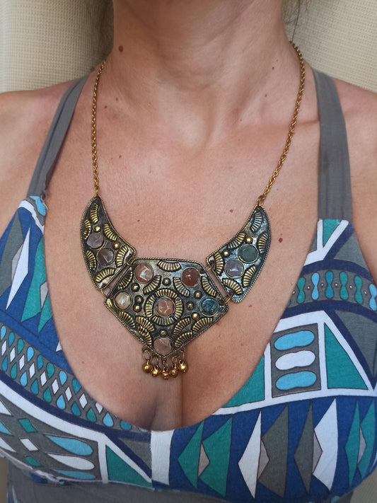 Golden stone bib necklace