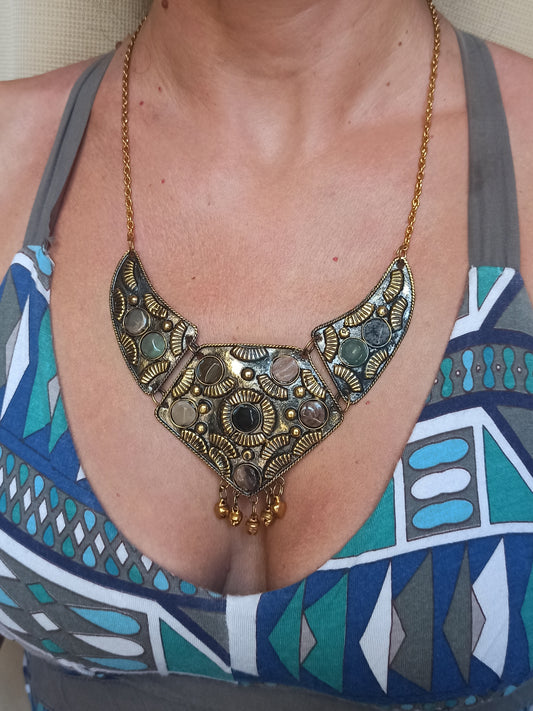 Golden stone bib necklace