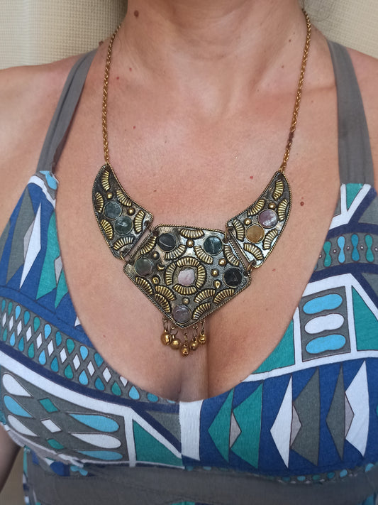 Golden stone bib necklace