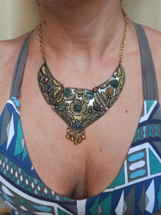 Golden stone bib necklace