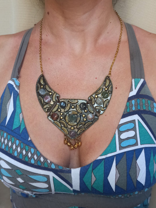 Golden stone bib necklace