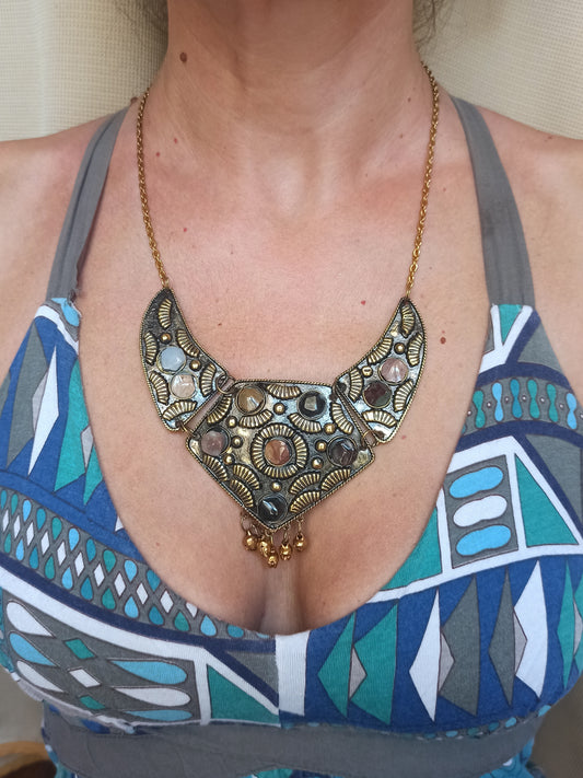 Golden stone bib necklace