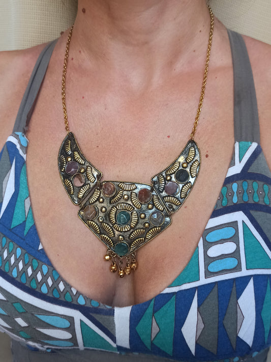 Golden stone bib necklace