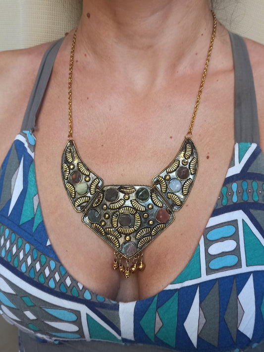 Golden stone bib necklace