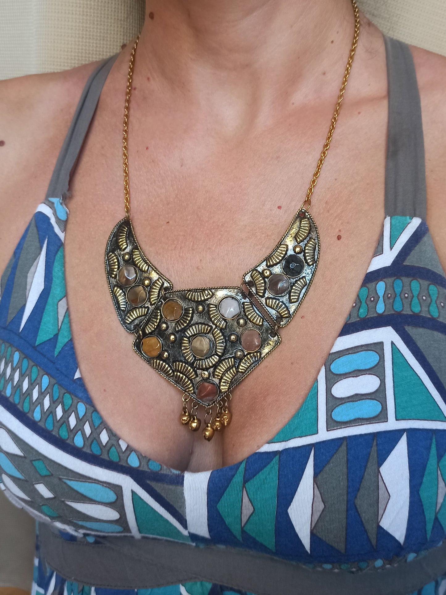 Golden stone bib necklace