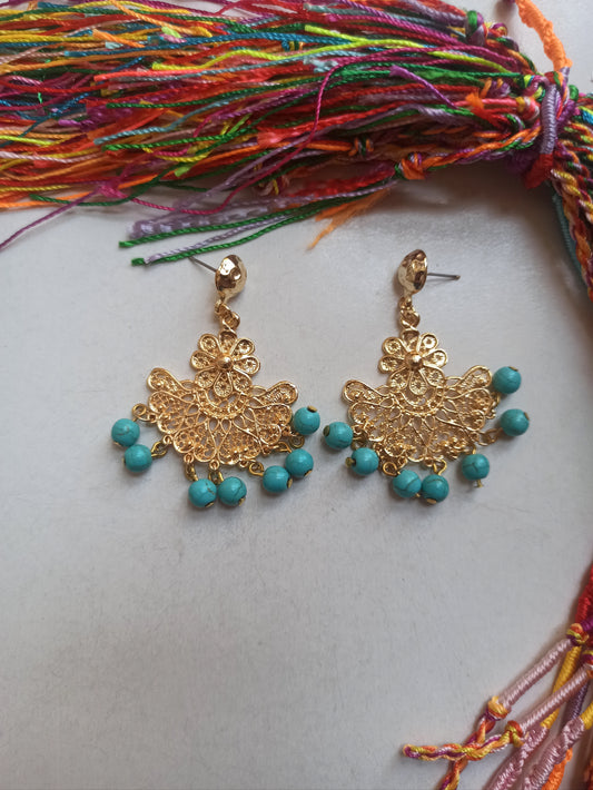 Golden flower earrings with turquoise beads