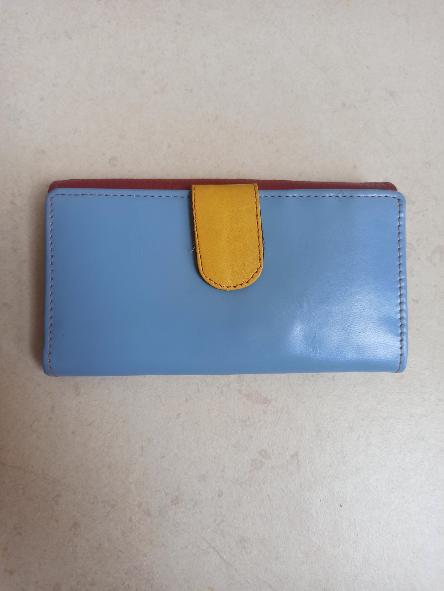 Light blue and burgundy leather wallet