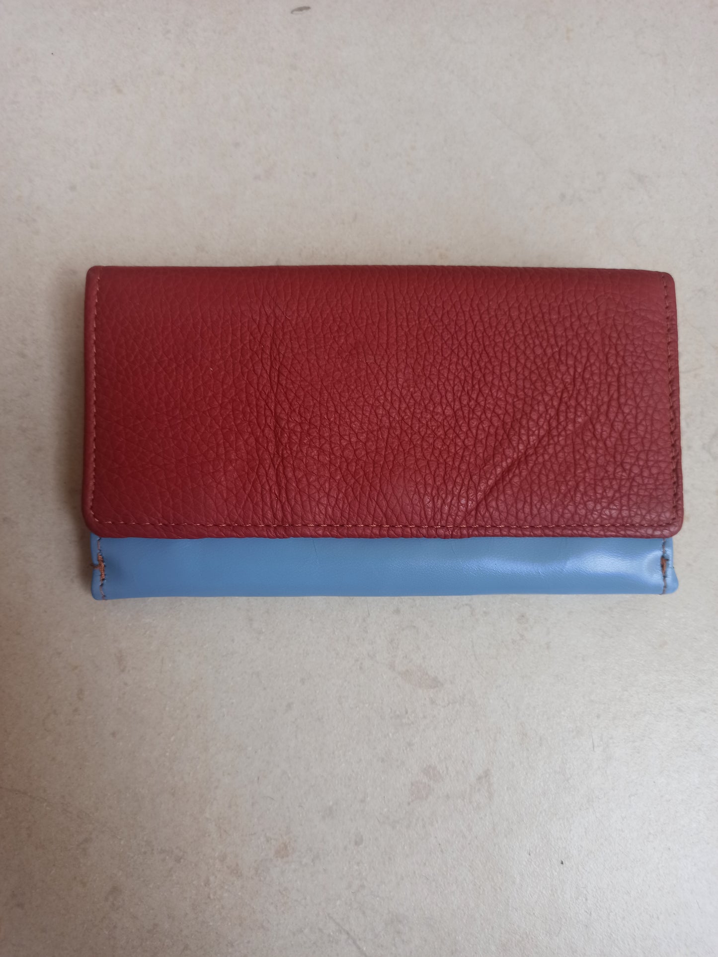 Light blue and burgundy leather wallet