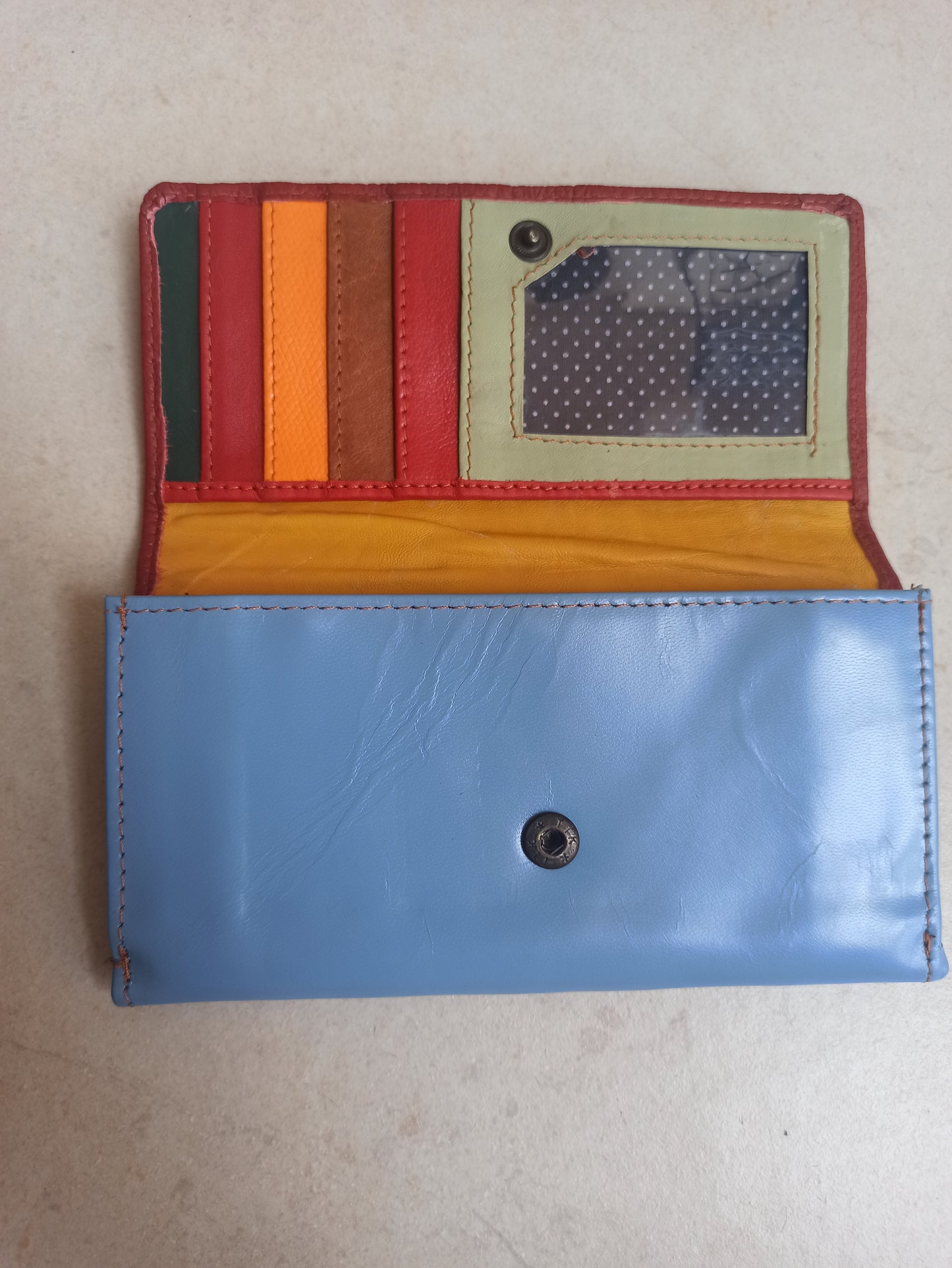 Light blue and burgundy leather wallet