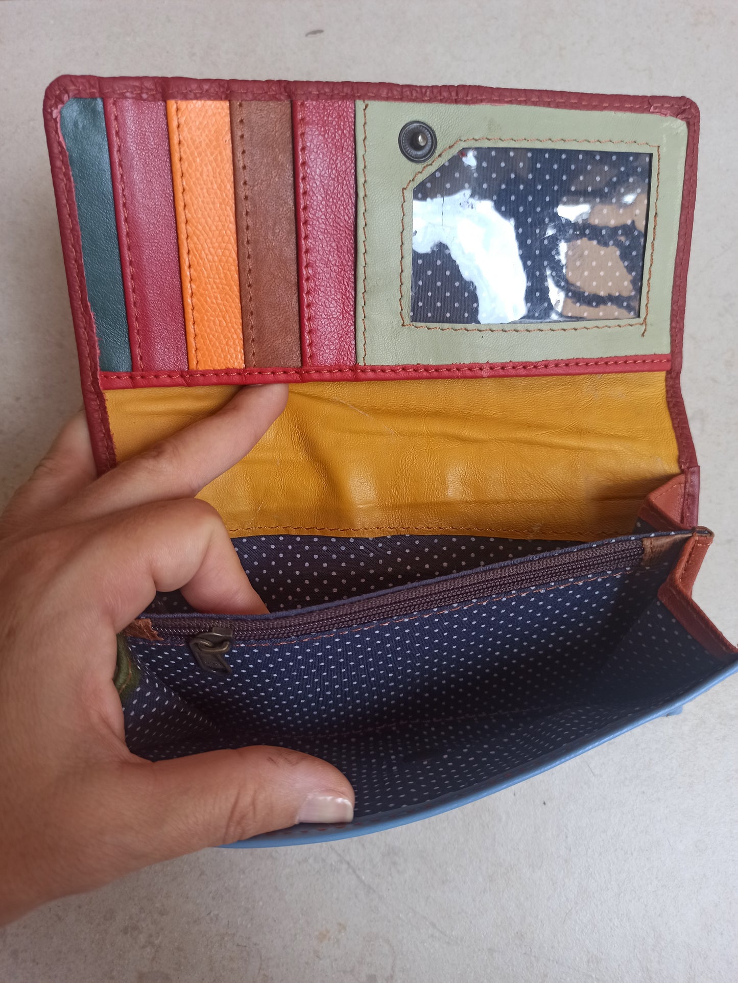 Light blue and burgundy leather wallet