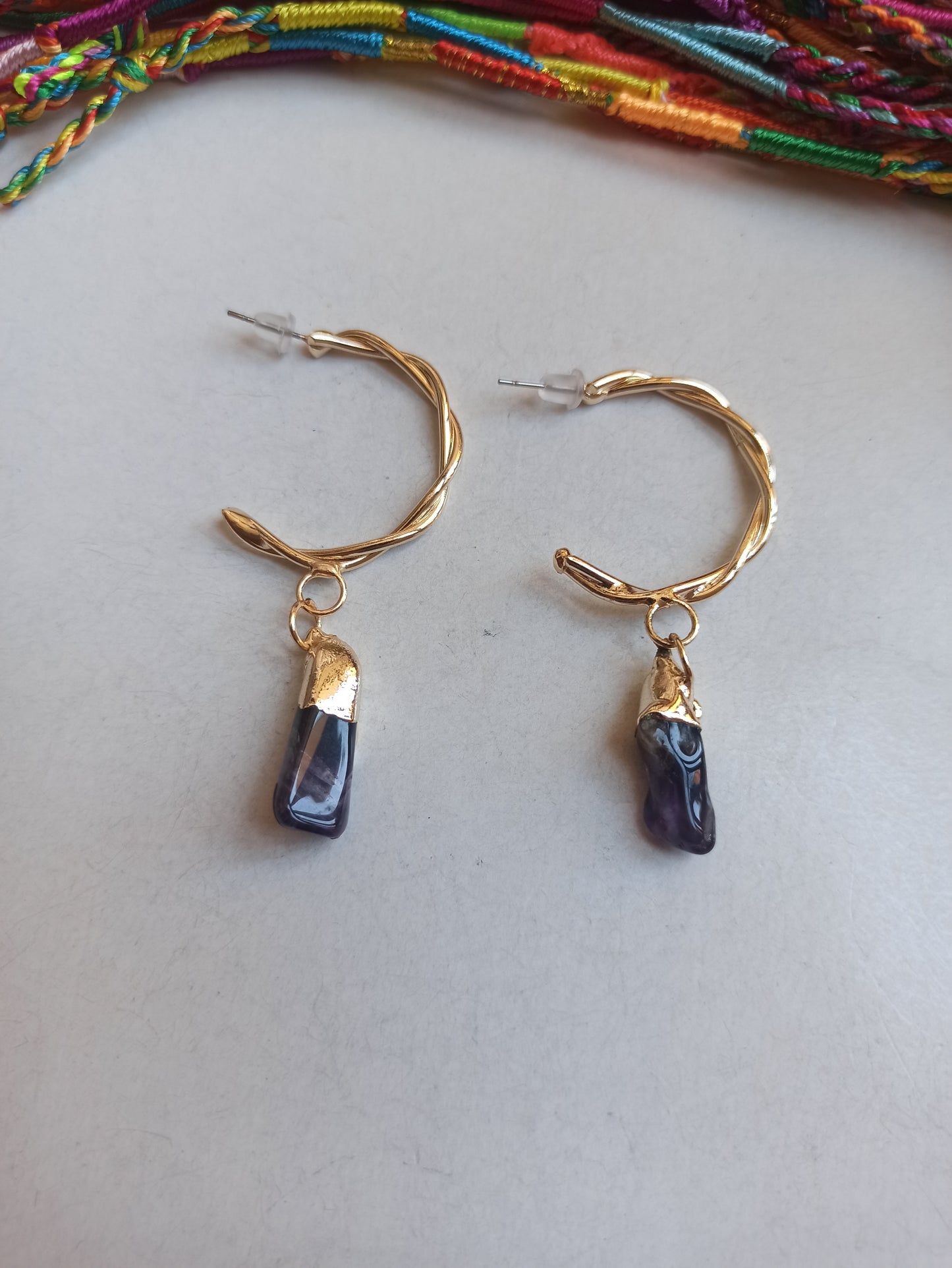 Golden amethyst chip circle earrings