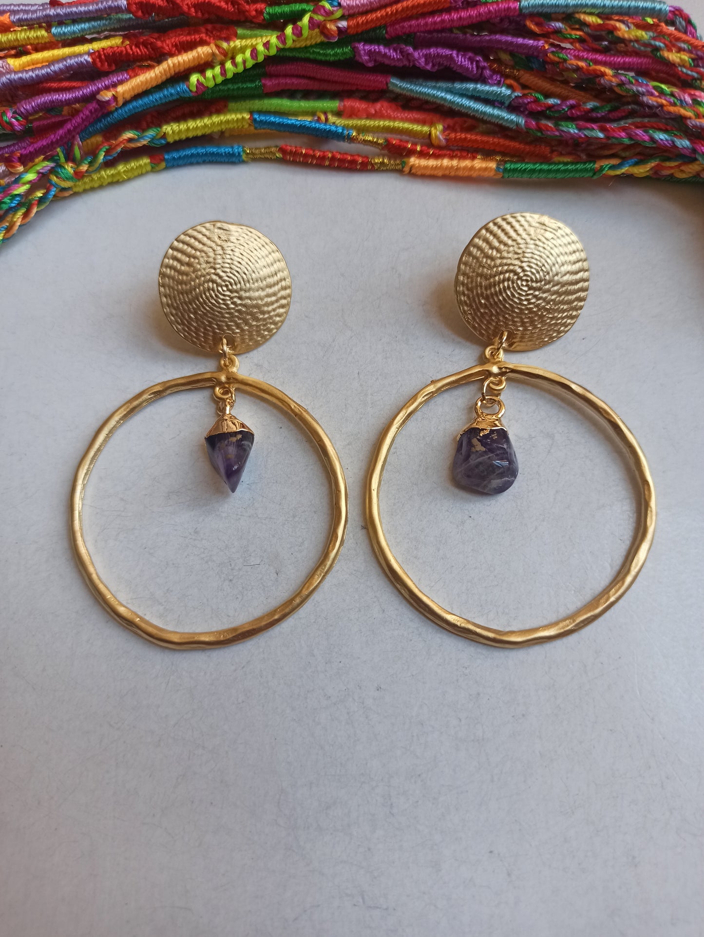 Golden amethyst chip circle earrings