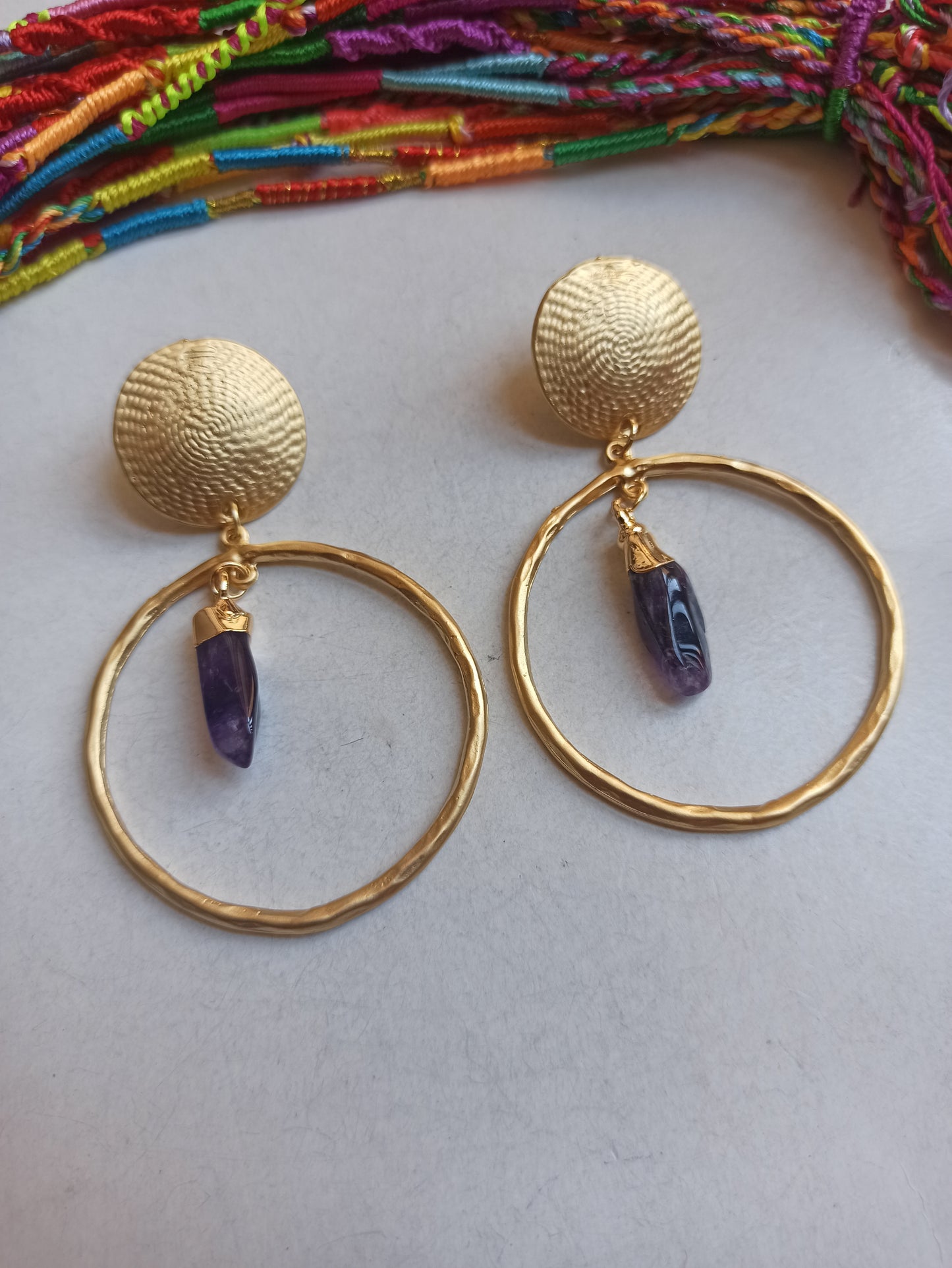 Golden amethyst chip circle earrings