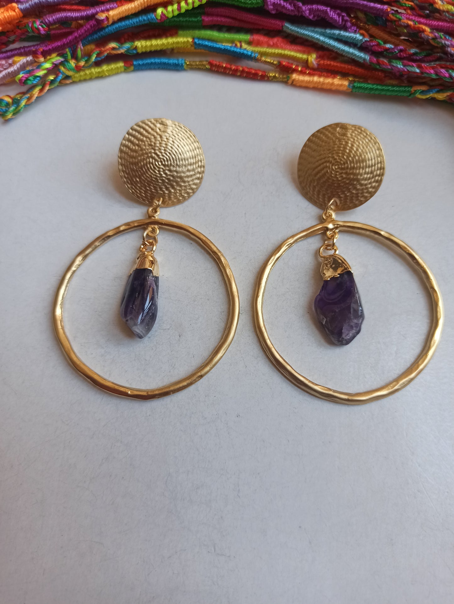 Golden amethyst chip circle earrings